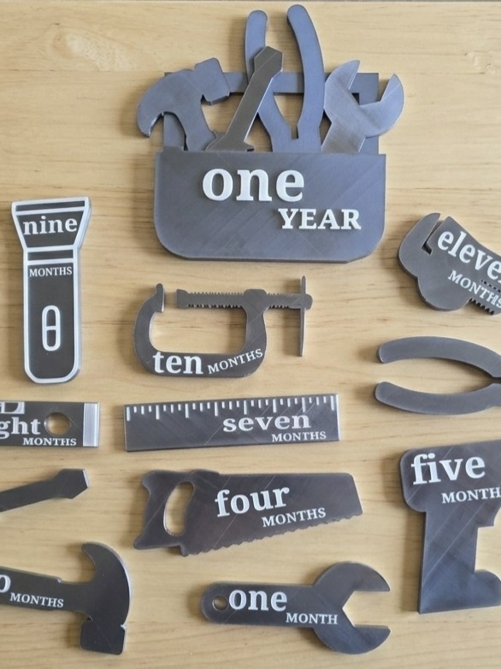 Gray Tool-Themed Monthly Baby Milestone Plaques - Unbranded